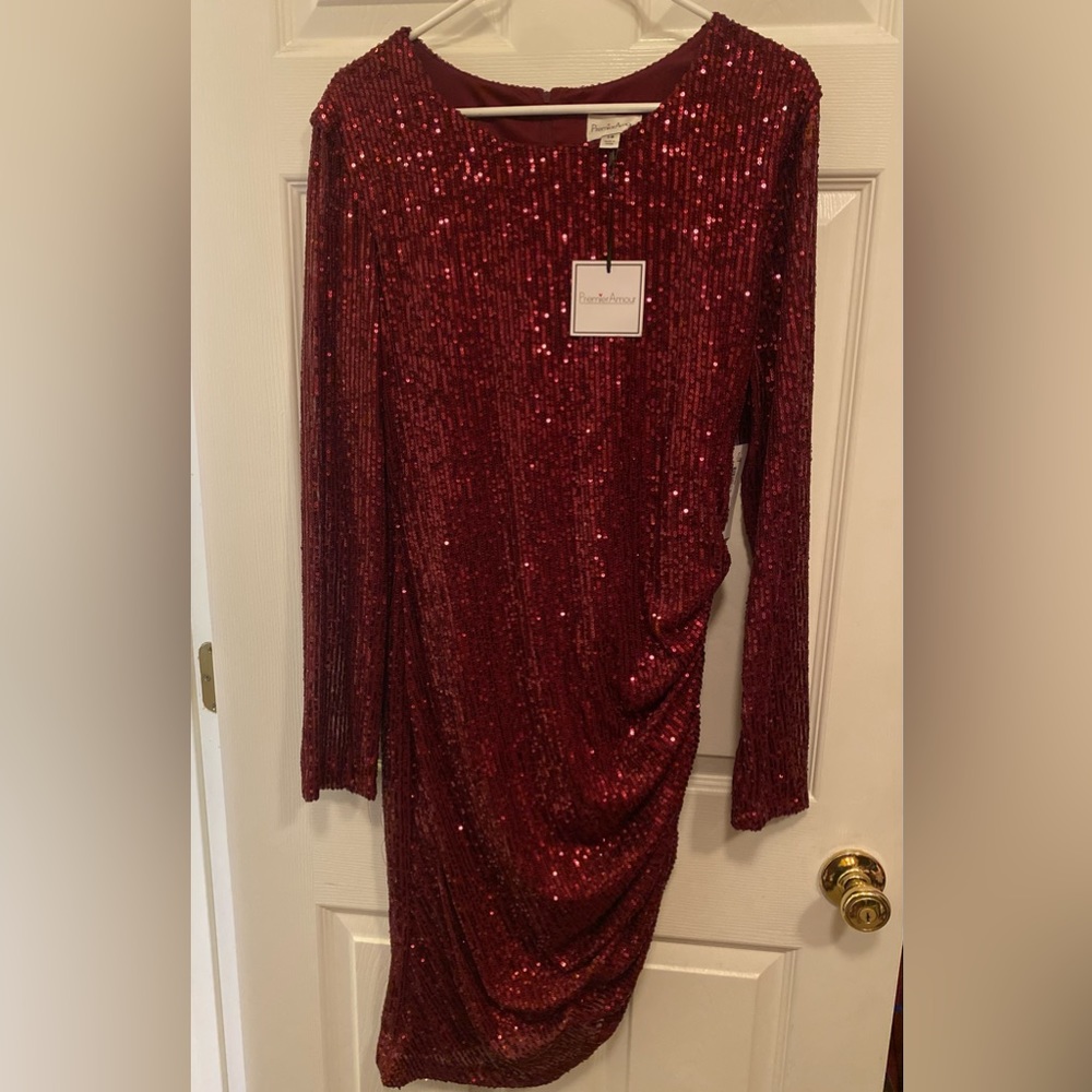 NWT burgundy, sequins, dress size large 14. Be Holiday ready :)
